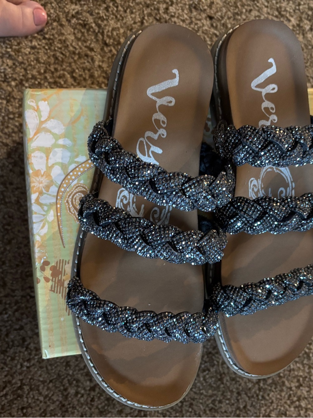 Stacia Bedazzled Embellished Braided Black Crystal Slide Sandals. Very G. 9 - Picture 3 of 5